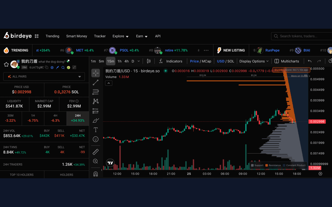 CLOBr liquidity overlay on Birdeye showing support and resistance depth bars on a Solana token chart