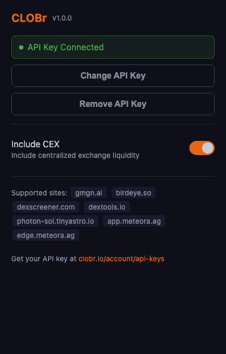 CLOBr extension popup showing API Key Connected status with change and remove options