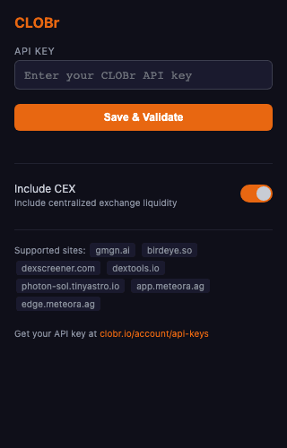 CLOBr extension popup showing API key input field and Save and Validate button